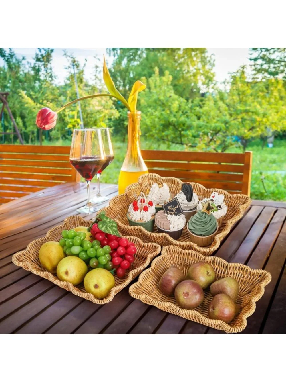 3 Pack Rectangular Woven Serving Baskets - Poly Wicker Fruit & Snack Trays